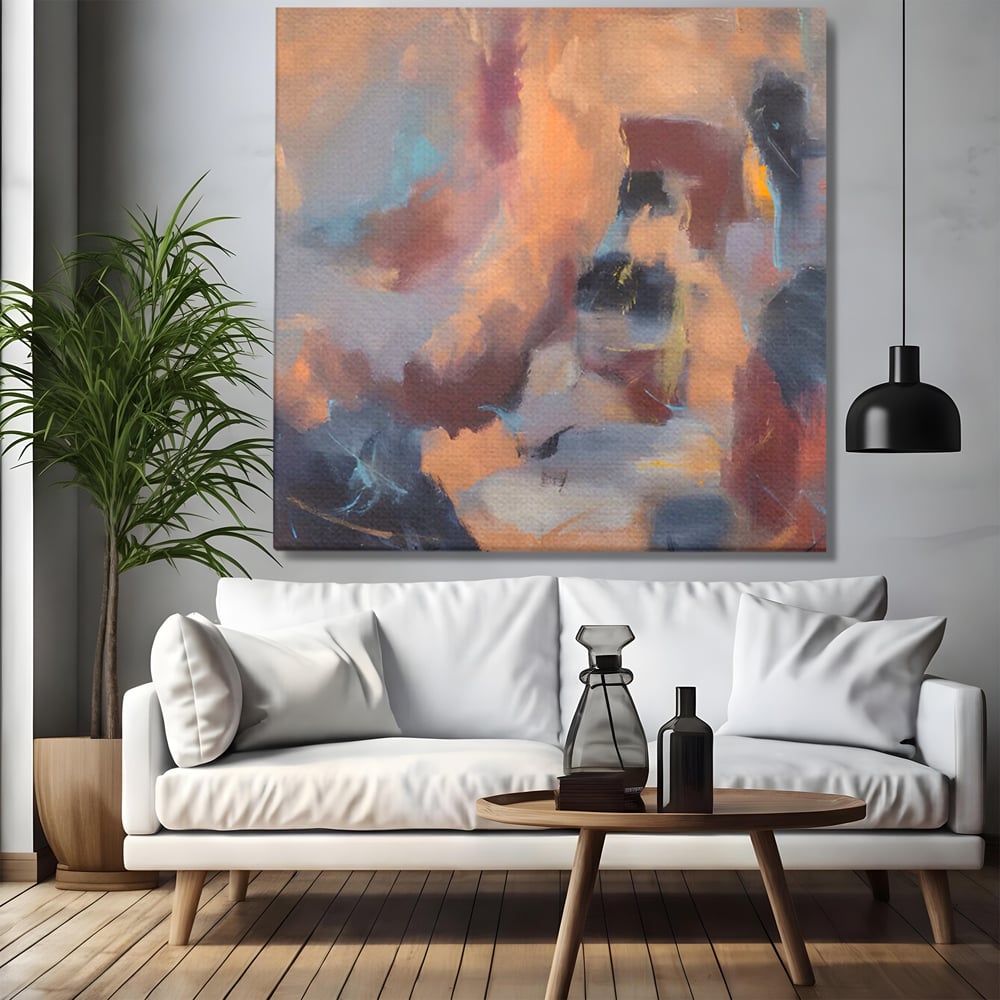 Tablou canvas cu pictura abstracta patrata cu maro, fara rama, pe sasiu de lemn, pe perete intr-un living